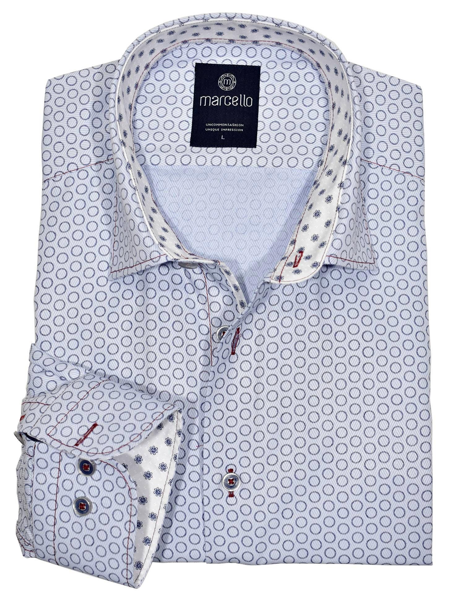 Ultra soft cotton. Fine herringbone jacquard fabric. Contrast fashion stitch work. Custom selected buttons. 2 button signature cuffs. Classic shaped fit. Shirt by Marcello Sport