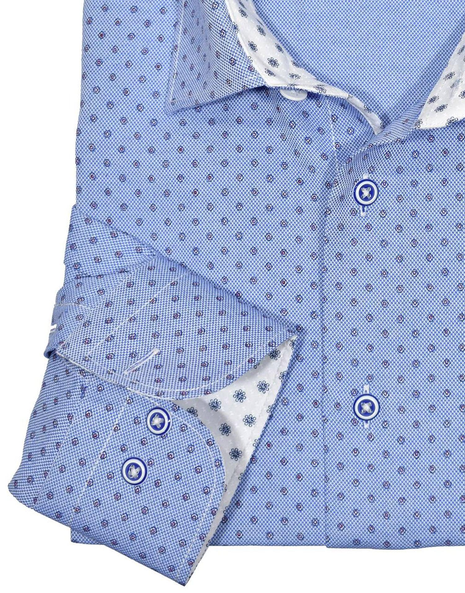 The royal oxford fabric is always rich looking and feels great.  Add in a small medallion with a touch of navy and red for an excellent compliment to any bottoms in blue or navy family, whether pants or jeans.    Extra soft, royal oxford, cotton fabric feels richly exclusive. Custom selected buttons to match the pattern. Accent white stitch detailing. Fashion trim fabric. Medium collar. Classic shaped fit, perfect for a medium build.