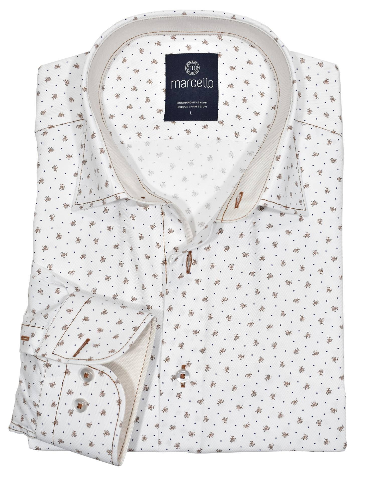 Ultra soft cotton. Sophisticated herringbone fabric. Contrast fashion stitch work. Custom selected buttons. 2 button signature cuffs. Classic shaped fit. Shirt by Marcello Sport.