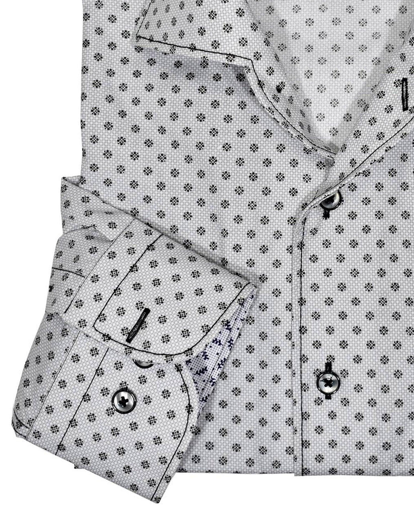 Ultra soft cotton. Unique roll collar looks fantastic. Contrast fashion stitch work. Custom selected buttons. 2 button signature cuffs. Classic shaped fit. Shirt by Marcello Sport.