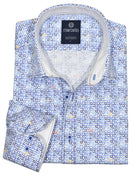 Soft cotton sateen fabric. Unique colored circle print. Contrast fashion stitch work. Custom selected buttons. 2 button signature cuffs. Classic shaped fit. Shirt by Marcello Sport.