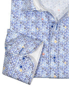Soft cotton sateen fabric. Unique colored circle print. Contrast fashion stitch work. Custom selected buttons. 2 button signature cuffs. Classic shaped fit. Shirt by Marcello Sport.