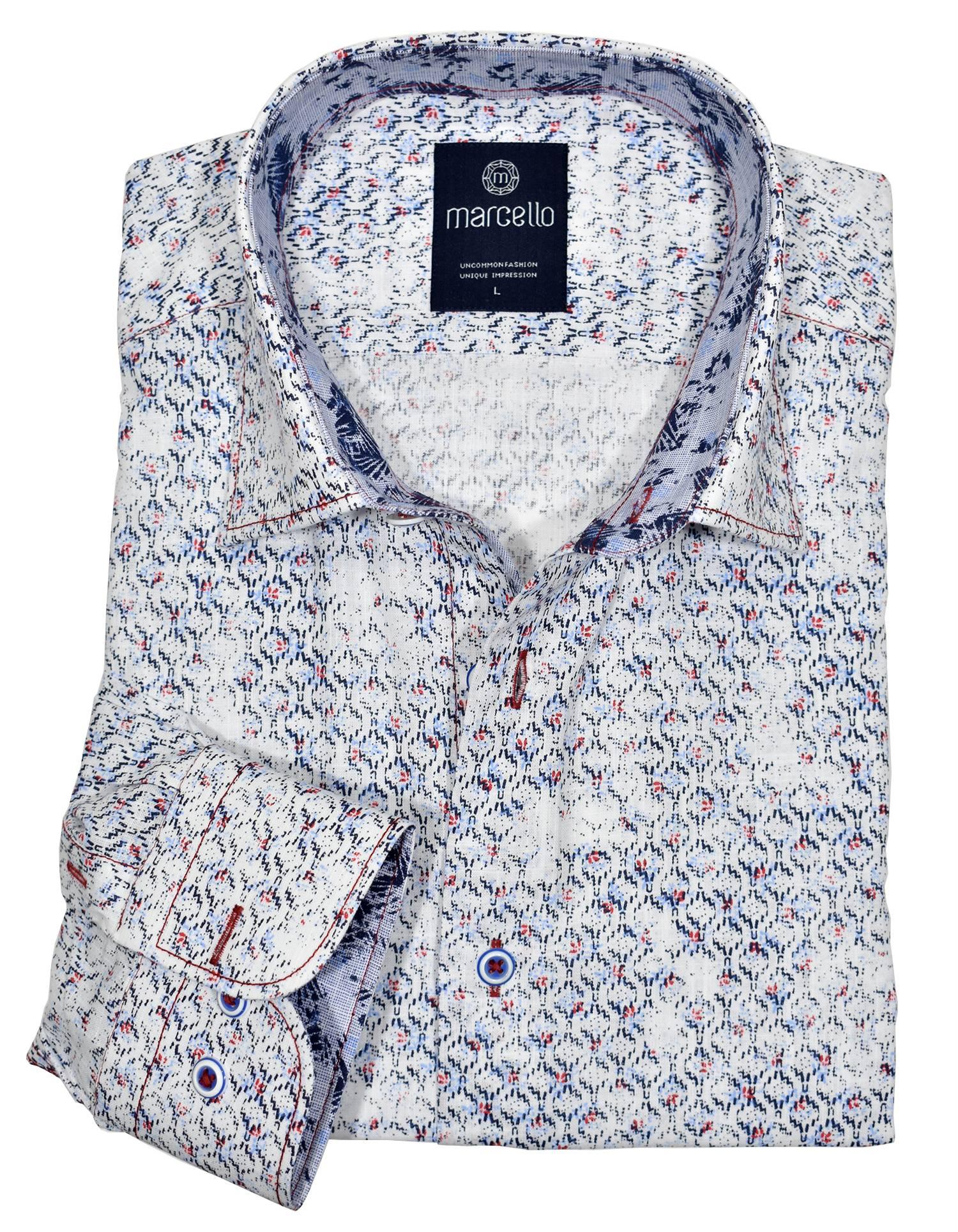 Exclusive soft cotton fabric. Unique, colorful fractured print. Excellent sport shirt with jeans. Classic trim fabric. Cool red stitching. Custom selected buttons. 2 button signature cuffs. Classic shaped fit.  Shirt by Marcello Sport.