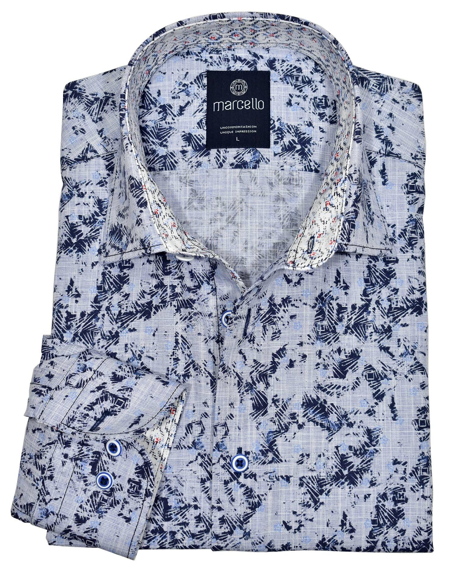 Cotton fabric woven on a linen loom. Soft denim color base with navy abstract print. Excellent sport shirt with jeans, pants or shorts. Classic trim fabric. Custom selected buttons. 2 button signature cuffs. Classic shaped fit. Shirt by Marcello Sport.