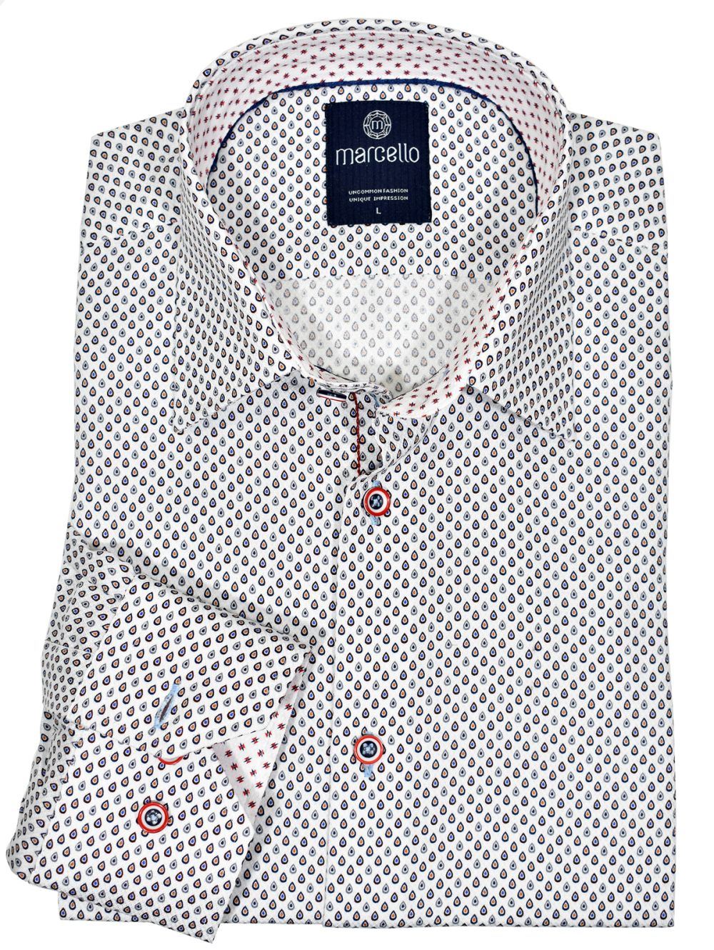 The Marcello exclusive 1 piece roll collar will look significantly better than your normal shirts. Incredible easy care, herringbone fabric feels extra fine and performs well all day.   The cotton fabric with microfiber has a clean teardrop pattern in easy complimentary colors.   Hand selected buttons, contrast stitch detailing and a medium collar. Second cuff placket button for the perfect cuff turn up.  Classic shaped fit, best for a medium build.