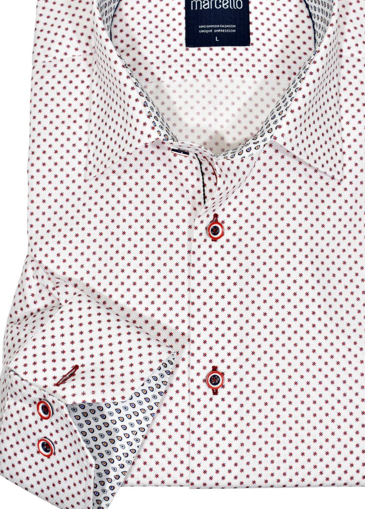Fine cotton microfiber fabric with an excellent herringbone tonal base pattern for an exquisite look in a traditional pattern.  White base color with a red and dark navy neat pattern.  Soft cotton microfiber fabric for performs well and feels great.  Hand selected buttons with contrast stitch detailing.  Second cuff placket button for the perfect cuff turn up.  Medium collar.  Classic shaped fit, perfect for a medium build.