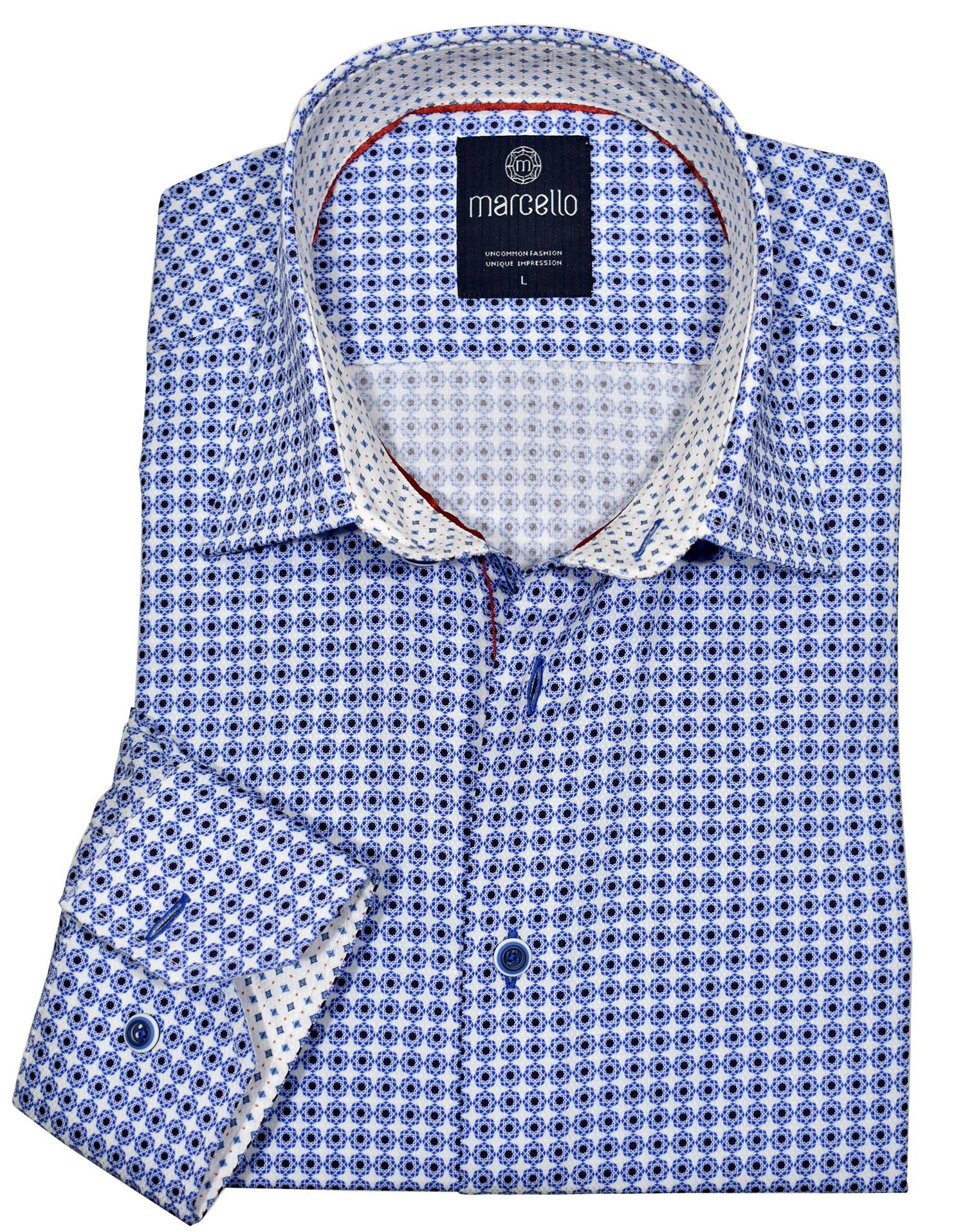 Exclusive 1 Piece Roll Collar.  The one piece collar looks exceptional on and will quickly become your favorite shirt.  Fine cotton textured fabric. Soft textured fabric feels like fine cotton & silk. Rich, elegant neat pattern in blue and navy. Custom selected buttons. 2 button signature cuffs. Classic shaped fit. Shirt by Marcello Sport
