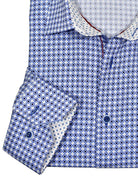 Exclusive 1 Piece Roll Collar.  The one piece collar looks exceptional on and will quickly become your favorite shirt.  Fine cotton textured fabric. Soft textured fabric feels like fine cotton & silk. Rich, elegant neat pattern in blue and navy. Custom selected buttons. 2 button signature cuffs. Classic shaped fit.