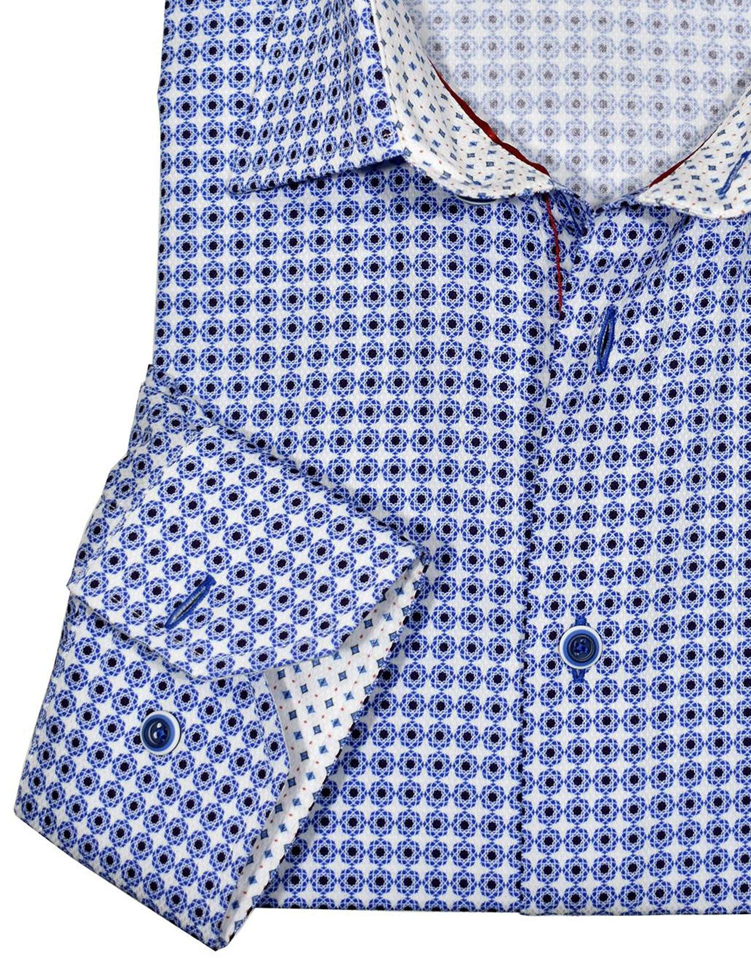 Exclusive 1 Piece Roll Collar.  The one piece collar looks exceptional on and will quickly become your favorite shirt.  Fine cotton textured fabric. Soft textured fabric feels like fine cotton & silk. Rich, elegant neat pattern in blue and navy. Custom selected buttons. 2 button signature cuffs. Classic shaped fit.