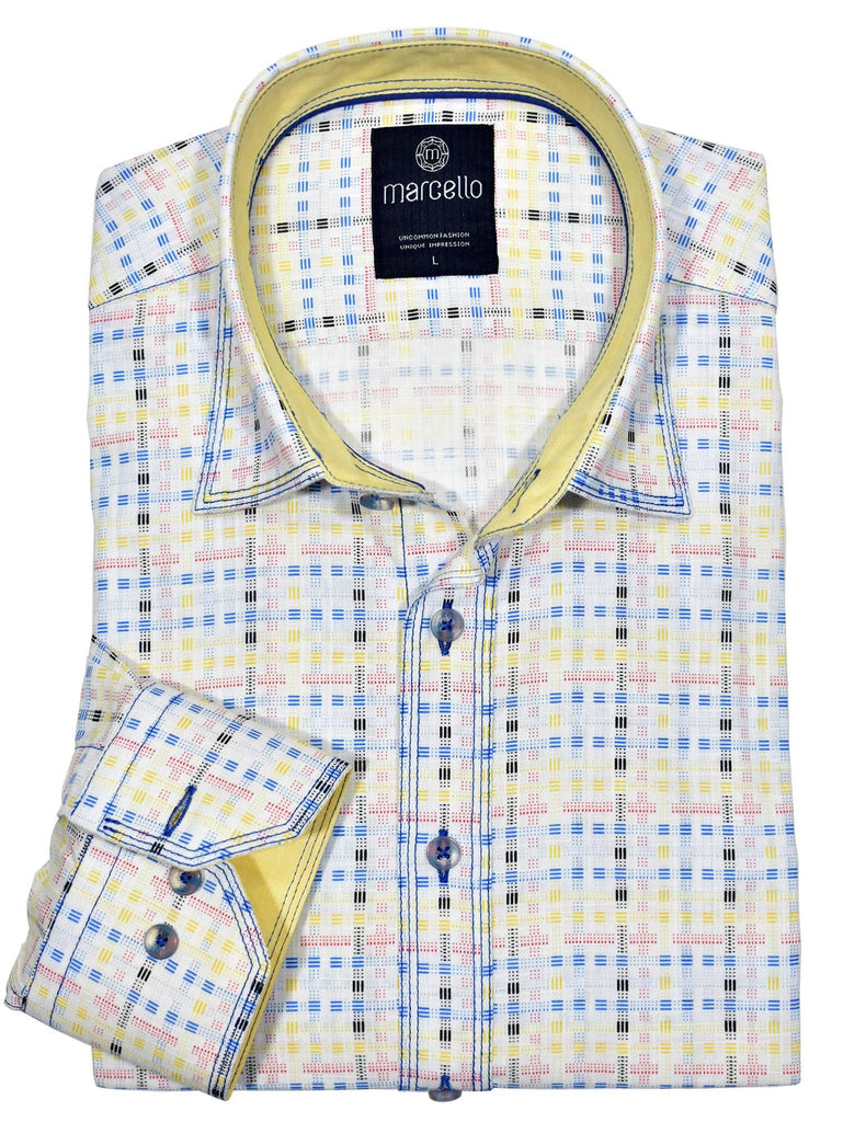 Soft cotton shirt with a traditional plaid pattern woven to look fractured and like a basket weave.  Also available in short sleeve. Soft cotton fabric. Easy Spring/Summer colors. Signature triple stitch contrast detailing. Custom hand picked buttons. Medium hidden button down collar. Classic shaped fit. Shirt by Marcello.