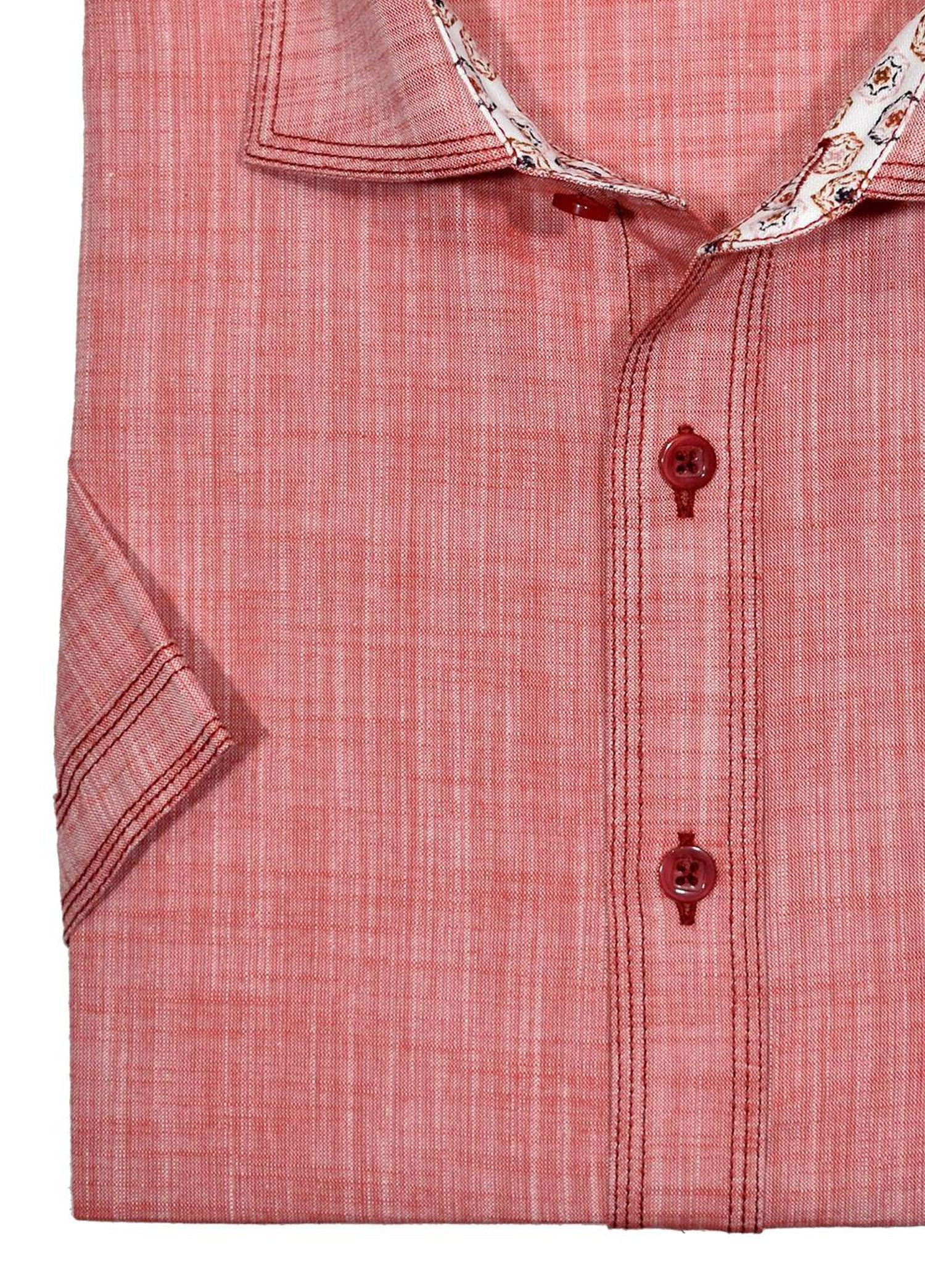 Marcello Sport classic short sleeve cotton linen fabric is crafted to reduce wrinkling.  The shirt features our signature triple stitch detailing, matched buttons and complimentary trim fabrics.  Soft cotton blended fabric, woven to look like linen. Medium spread collar for a casual sport look. Trend chest pocket. Square bottom with side slit vents. Classic shaped fit for a slim to moderate build. Shirt by Marcello.