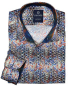 Exclusive and vibrant, fine European designed pattern is unique to Marcello with a royal image and feeling.  Soft cotton fabric. Custom matched trim fabric and buttons. Medium collar. Classic shaped fit.  By Marcello Sport