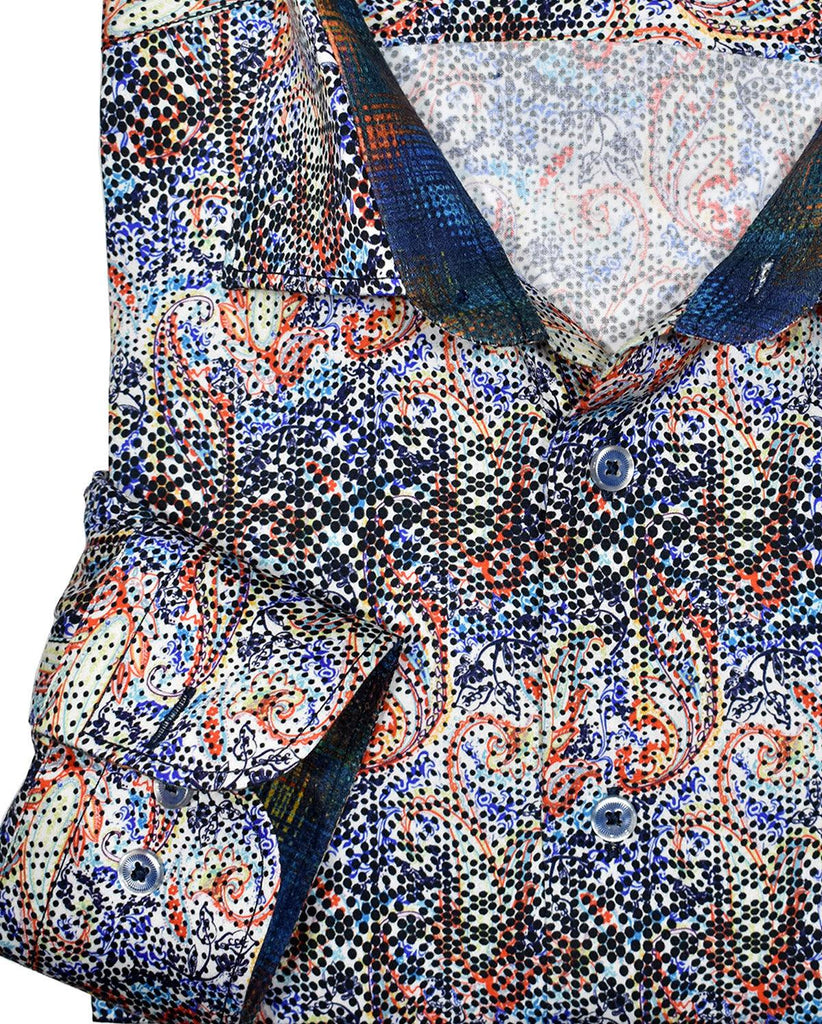Exclusive and vibrant, fine European designed pattern is unique to Marcello with a royal image and feeling.  Soft cotton fabric. Custom matched trim fabric and buttons. Medium collar. Classic shaped fit.