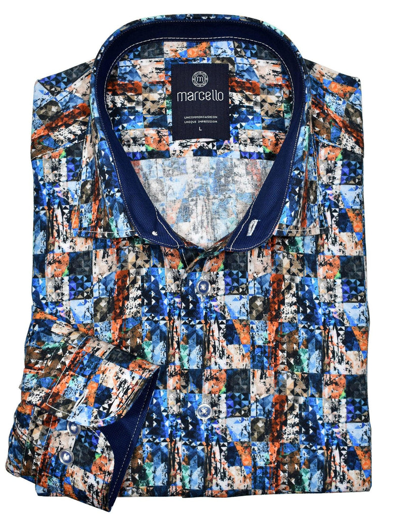 A unique geometric pattern printed over a subtle cotton jacquard fabric to add life to shirt's image.  Soft cotton fabric. Custom matched trim fabric and buttons. Medium collar. Two button cuff system for turning up the cuffs. Classic shaped fit.  By Marcello Sport