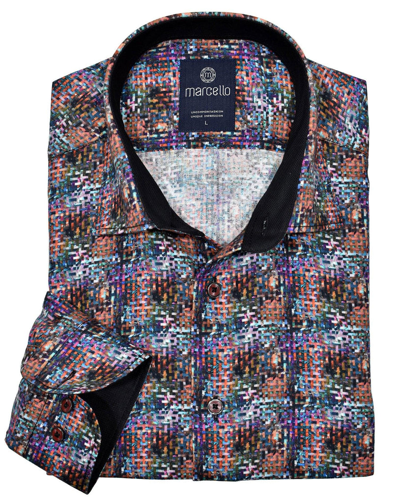 Outstanding fashion in a colored Fall basket weave, expertly printed on a fine cotton fabric.  Soft cotton fabric. Custom matched trim fabric and buttons. Medium collar. Two button cuff system for turning up the cuffs. Classic shaped fit.  By Marcello Sport