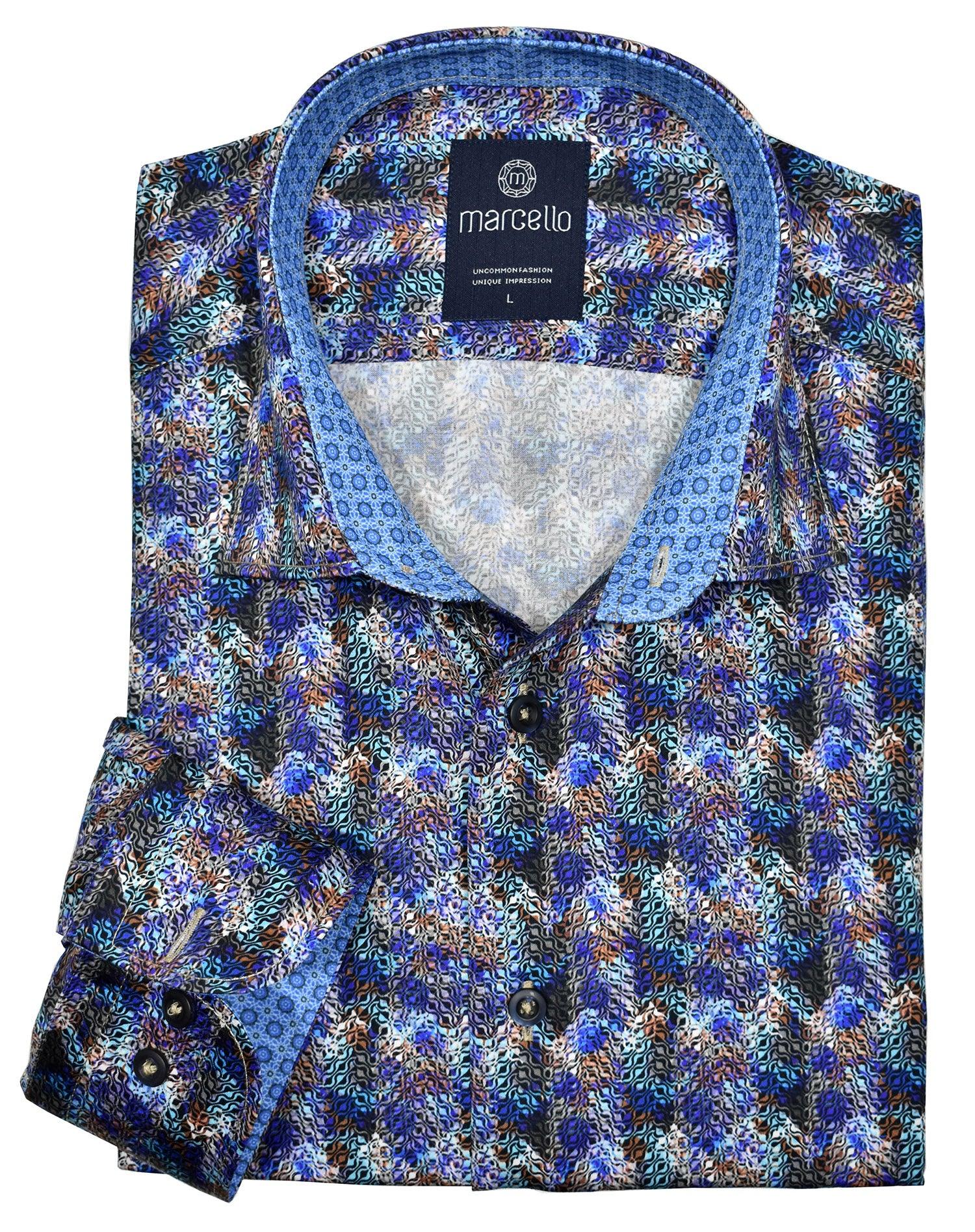 A cool micro geometric pattern that almost looks like a shaded snake skin pattern.  Soft cotton fabric. Custom matched trim fabric and buttons. Medium collar. Two button cuff system for turning up the cuffs. Classic shaped fit. By Marcello Sport