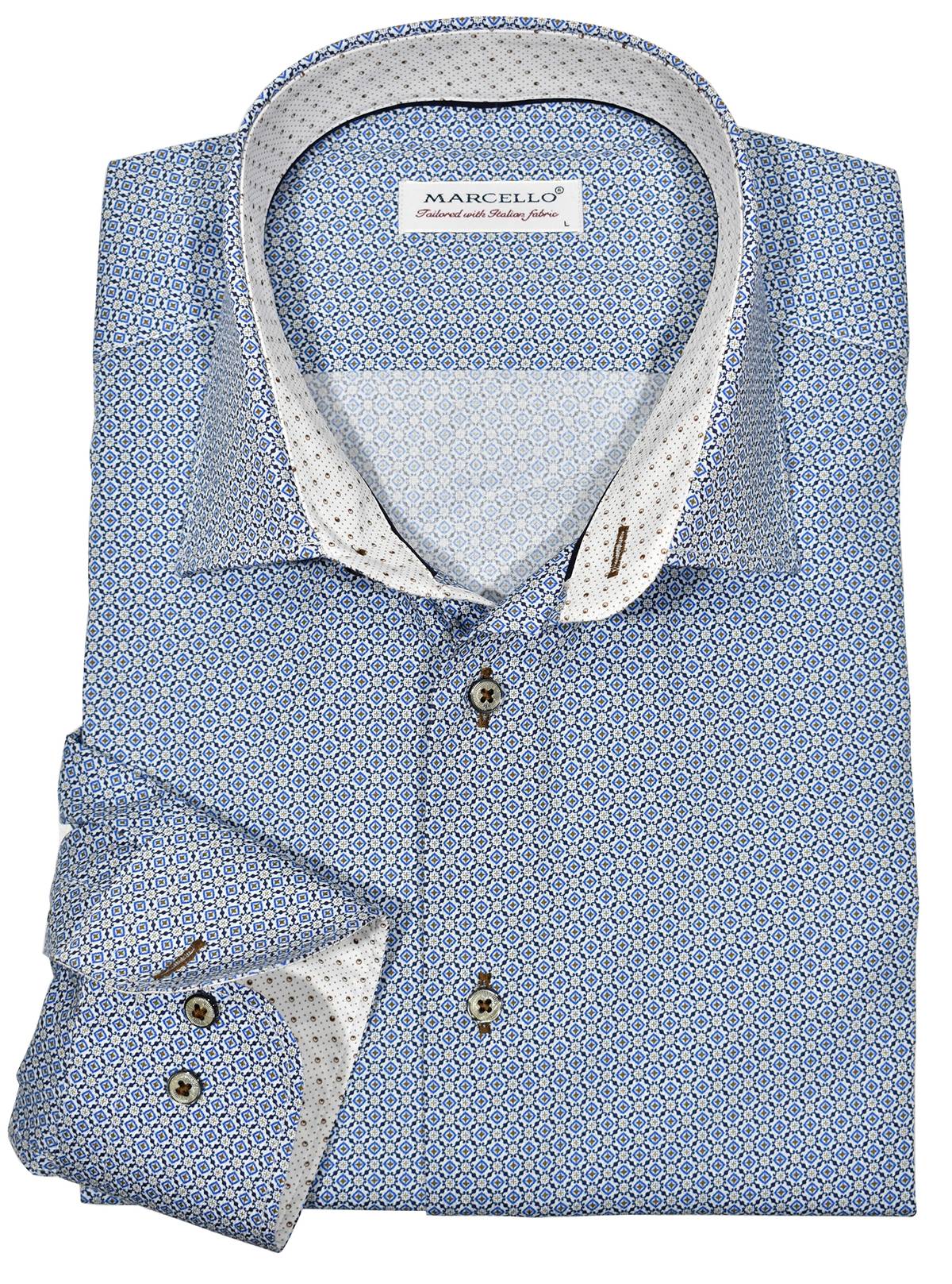 The Marcello exclusive 1 piece roll collar will look significantly better than your normal shirts.  The collar stands perfectly, the button placket doesn't curl and the image it displays is sophistication.  The cotton fabric and neat traditional pattern add to the overall style.   Custom buttons and stitching.  Second cuff placket button for the perfect cuff turn up.  Classic shaped fit.