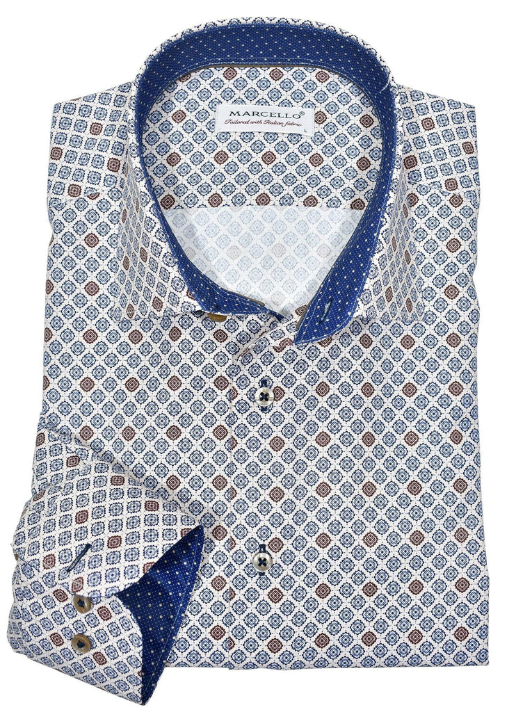 Accentuate you slim style with this updated traditional pattern in warm ecru with navy and mocha accent colors.    Soft cotton fabric. Fashion contrast stitching. Custom selected buttons. Two button sleeve system for perfect cuff rollups. Slim fit. Shirt by Marcello Sport.