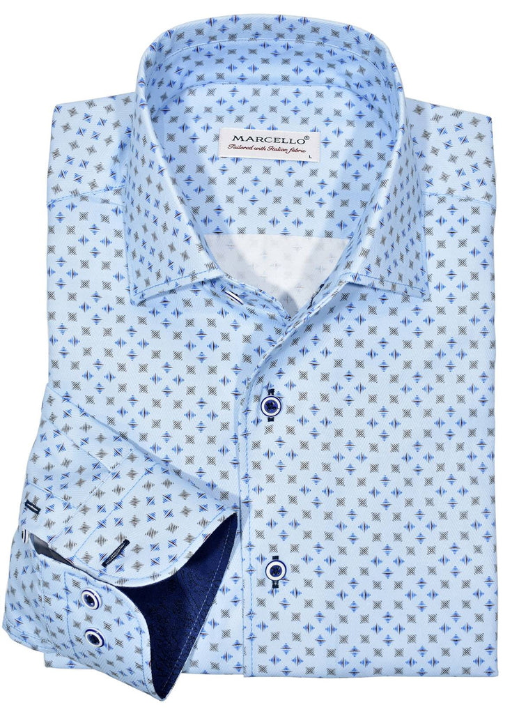 The one piece collar stands perfectly and looks great alone or under a sport coat.  You will surely want every one piece roll collar shirt we offer.  Rich cotton / microfiber fabric. Fashion floating geometric medallion pattern in sky blue with navy & mocha accent colors. Adjustable 2 button cuffs. Custom buttons. Unique extra sleeve button to roll cuffs without flaring. Classic shaped fit.