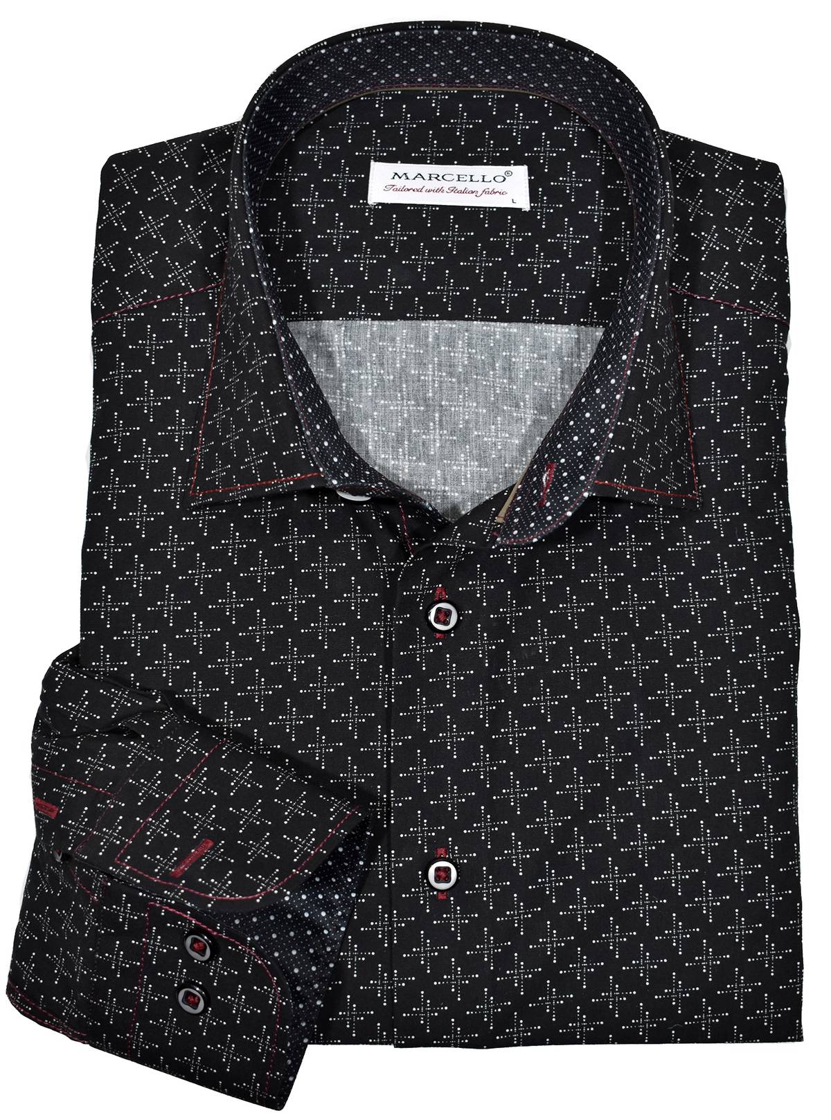 Perfect for a night out this cotton shirt features a unique floating geometric pattern and allover contrast red stitching.  The fashion style, custom buttons and matched trim fabric pair extremely well with black or gray family buttons.  Color is black with light gray detail.  Soft cotton fabric.  Custom button and stitch detailing. Second cuff placket button for the perfect cuff turn up.  Classic shaped fit, perfect for a medium build.
