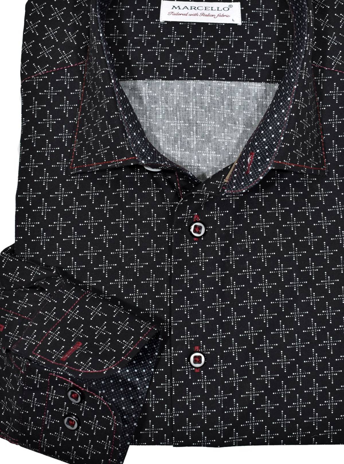 Perfect for a night out this cotton shirt features a unique floating geometric pattern and allover contrast red stitching.  The fashion style, custom buttons and matched trim fabric pair extremely well with black or gray family buttons.  Color is black with light gray detail.  Soft cotton fabric.  Custom button and stitch detailing. Second cuff placket button for the perfect cuff turn up.  Classic shaped fit, perfect for a medium build.