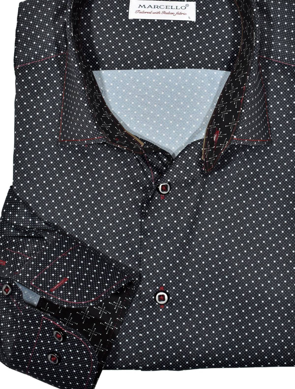 Cotton microfiber fabric feels like fine silk and when coupled with a fine dot pattern you have a fantastic shirt for that special occasion.   Cool contrast red trim and hand selected buttons. Second cuff placket button for the perfect cuff turn up.  Silk like cotton microfiber fabric feels outstanding and light.  Classic shaped fit, perfect for a medium build.