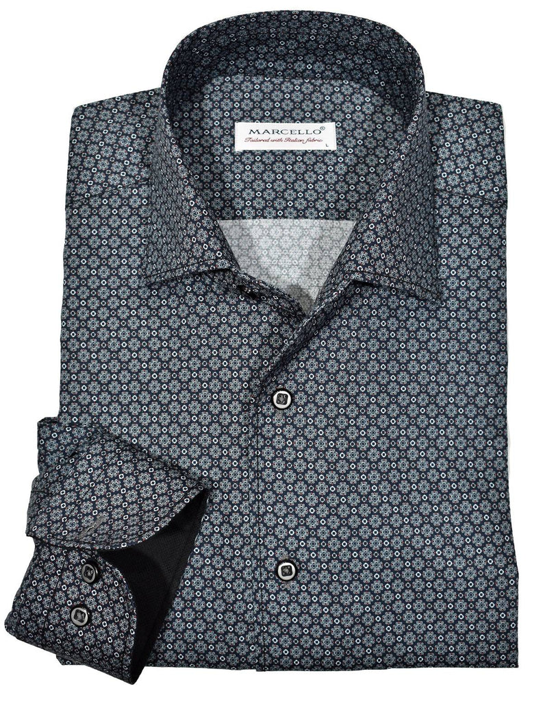 The one piece roll collar is in a class of its own and a must for your wardrobe.  The collar stands perfectly and the button placket does not curl.  The traditional circular medallion pattern on soft cotton fabric looks fantastic in shades of grey with black.  Matched buttons and contrast stitch detailing. Second cuff placket button for the perfect cuff turn up.  Classic shaped fit, perfect for a medium size build.