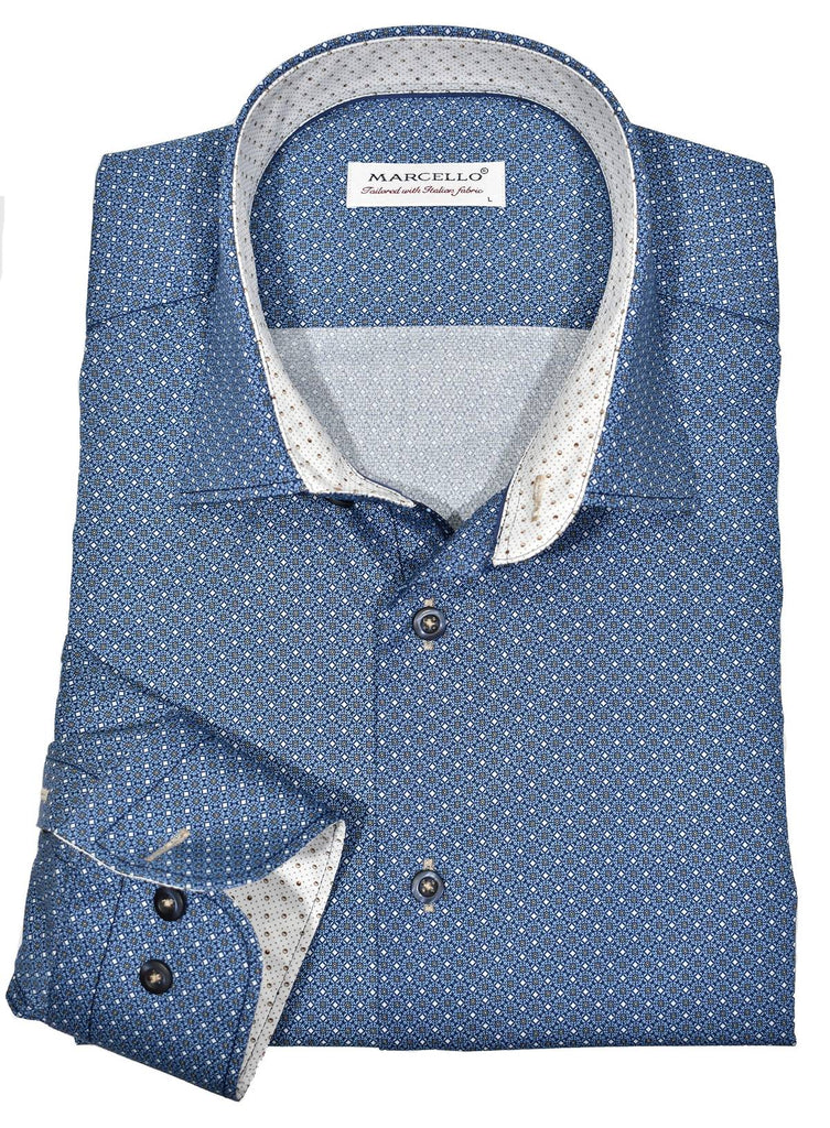 If you are drawn to clean classic patterns, this elegantly appointed cotton shirt is perfect. Shades of blue with a touch of slate creates a color palette that easily works with different bottoms.  Soft cotton fabric feels great to the touch and breathes.  Contrast stitch detailing and fashion trim fabric for added style. Second cuff placket button for the perfect cuff turn up.  Classic shaped fit, perfect for a medium size build.
