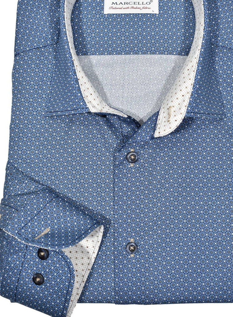 If you are drawn to clean classic patterns, this elegantly appointed cotton shirt is perfect. Shades of blue with a touch of slate creates a color palette that easily works with different bottoms.  Soft cotton fabric feels great to the touch and breathes.  Contrast stitch detailing and fashion trim fabric for added style. Second cuff placket button for the perfect cuff turn up.  Classic shaped fit, perfect for a medium size build.