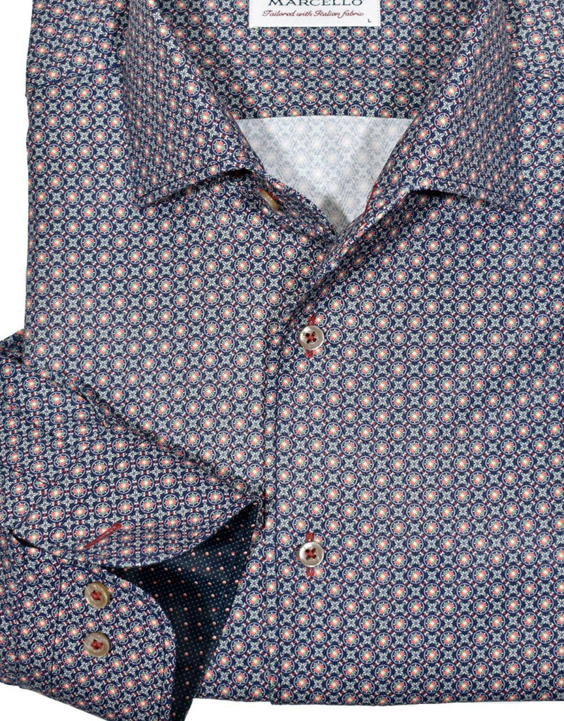 The one piece roll collar is exclusive, debonair and surely will become one of your favorites.  The Marcello, designer selected, neat medallion with a touch of bright colors to add life, is the perfect cotton shirt to portray your updated traditional image.    Soft cotton fabric.  Fine detailing, matched buttons. Second cuff placket button for the perfect cuff turn up.  Classic shaped fit, perfect for a medium build.