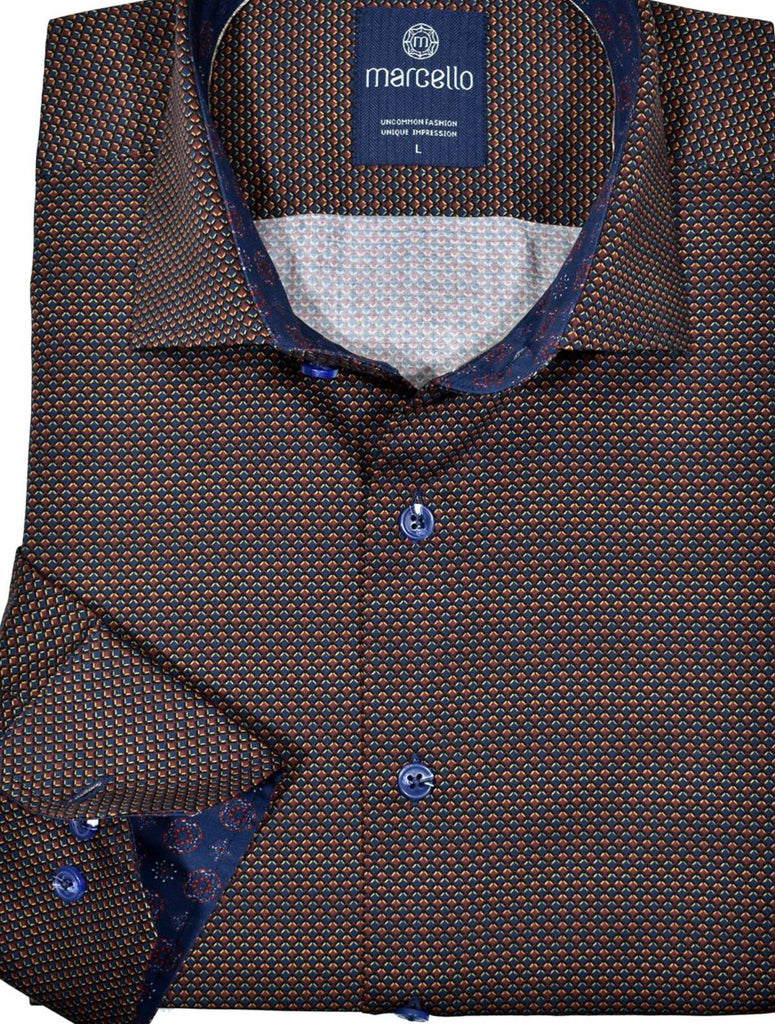 Rich, elegant and sophisticated easily describe this soft cotton shirt with a fine colored diamond pattern.  The warm colors of black, rust and navy create a tight pattern that is both traditional and contemporary.  Choose light or dark bottoms to pair with this shirt.   Matched buttons and trim fabric.   Classic shaped fit, perfect for a medium build.