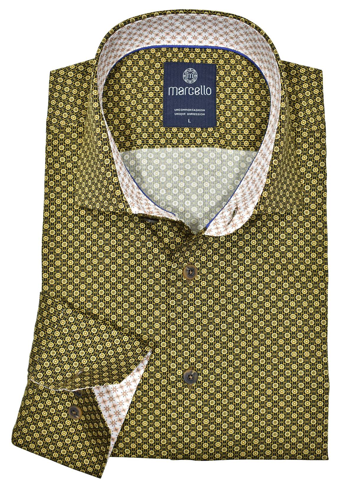 Add pop to your wardrobe with a soft cotton shirt in rich gold colors mixed in a neat medallion pattern.  Create an outstanding image when paired with a black or navy pant.   Soft cotton fabric.  Matched buttons, trim fabric and accent piping.  Classic shaped fit, perfect for a medium build.