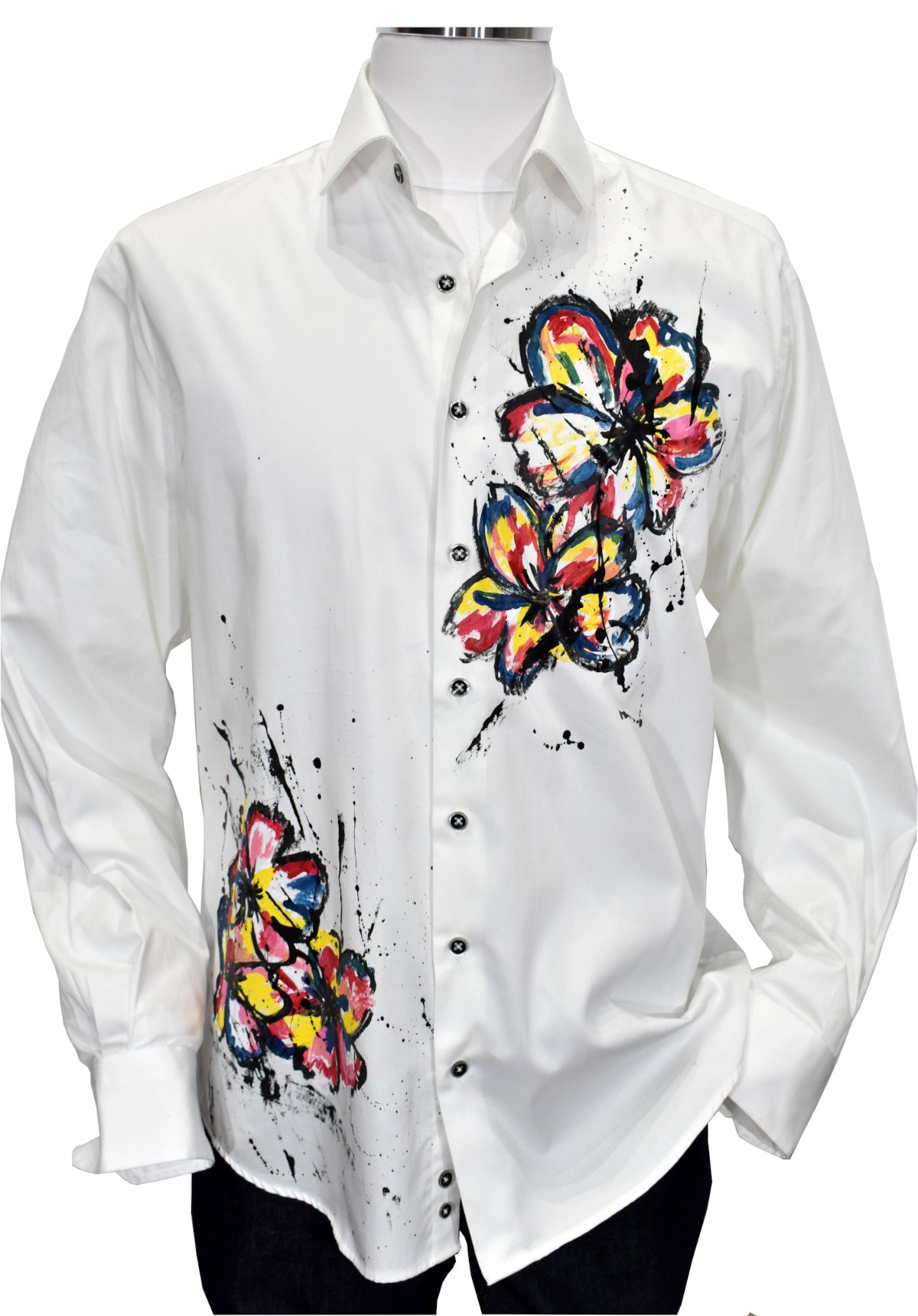 With style and uniqueness in mind, the hand painted shirts by Marcello are exclusively one of a kind.  Each one is artist hand painted, so no two are exactly alike.  Hand painted on soft cotton sateen fabric, along with custom detailing.  Soft cotton sateen fabric.  Custom stitch and button detailing.  Classic shaped fit, perfect for a medium build. Hand painted shirt by Marcello Sport.