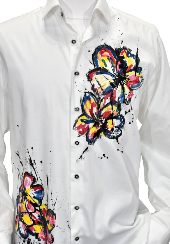 With style and uniqueness in mind, the hand painted shirts by Marcello are exclusively one of a kind. Each one is artist hand painted, so no two are exactly alike. Hand painted on soft cotton sateen fabric, along with custom detailing. Soft cotton sateen fabric. Custom stitch and button detailing. Classic shaped fit, perfect for a medium build. Hand painted shirt by Marcello Sport.