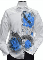 From the Marcello exclusive hand painted collection, we bring you this crisp white, cotton sateen shirt, adorned with the artist's hand painted abstract image.  Choose from any of our hand painted styles to excite your wardrobe and sport a truly unique image. Hand painted by Marcello Sport.