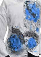 From the Marcello exclusive hand painted collection, we bring you this crisp white, cotton sateen shirt, adorned with the artist's hand painted abstract image.  Choose from any of our hand painted styles to excite your wardrobe and sport a truly unique image.