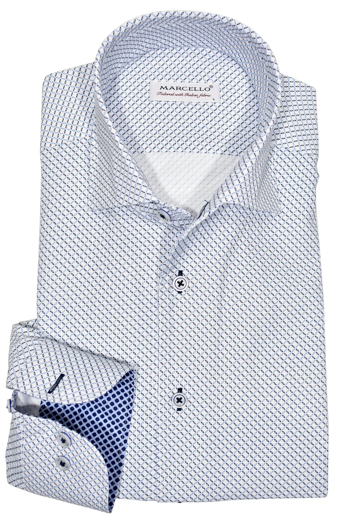 Exclusive Marcello 1 Piece Roll Collar Shirt.  The one piece roll collar stands perfectly and looks fantastic alone or under a sport coat.  The two color blue diamond pattern coupled with a rich fabric creates a sophisticated look to set you apart from the rest.  Hand selected buttons, two button cuff placket for the best look when rolling up the cuffs and enhanced stitch detailing.  Classic shaped fit.