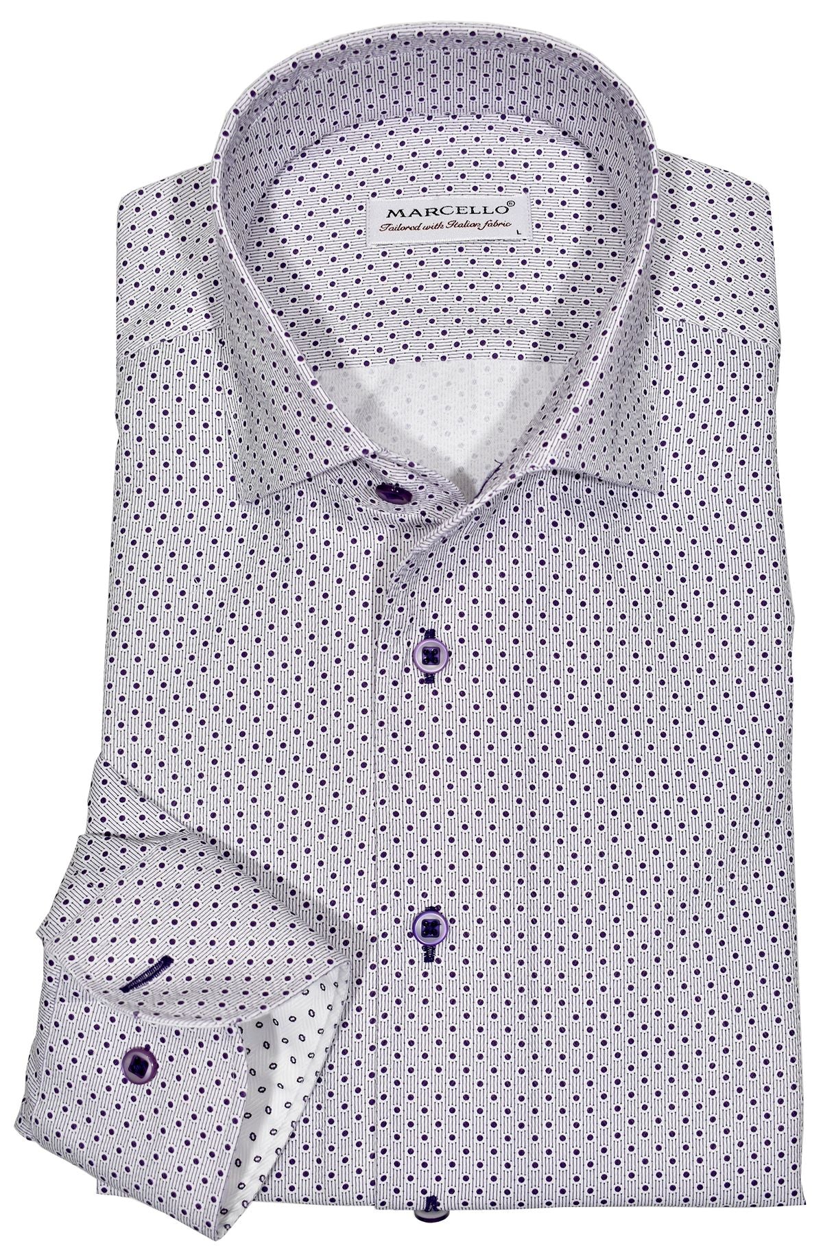 Exclusive Marcello 1 Piece Roll Collar Shirt.  The one piece roll collar stands perfectly and looks fantastic alone or under a sport coat.  The classic lilac dot pattern coupled with a rich tonal herringbone fabric creates a sophisticated look to set your apart from the rest.  Hand selected buttons, two button cuff placket for the best look when rolling up the cuffs and enhanced stitch detailing.  Classic shaped fit.