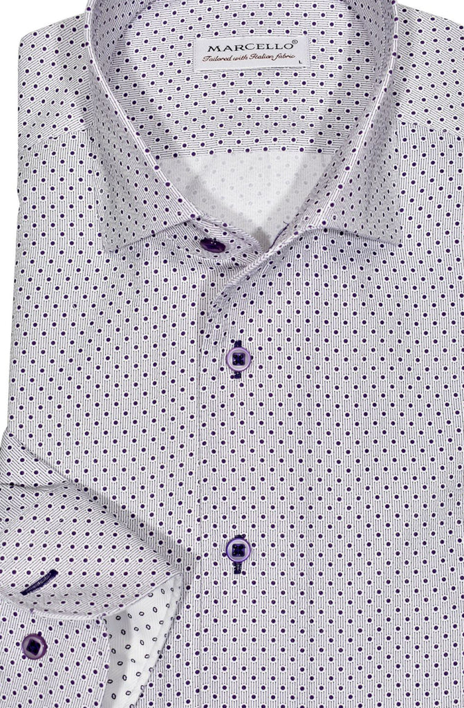 Exclusive Marcello 1 Piece Roll Collar Shirt.  The one piece roll collar stands perfectly and looks fantastic alone or under a sport coat.  The classic lilac dot pattern coupled with a rich tonal herringbone fabric creates a sophisticated look to set your apart from the rest.  Hand selected buttons, two button cuff placket for the best look when rolling up the cuffs and enhanced stitch detailing.  Classic shaped fit.