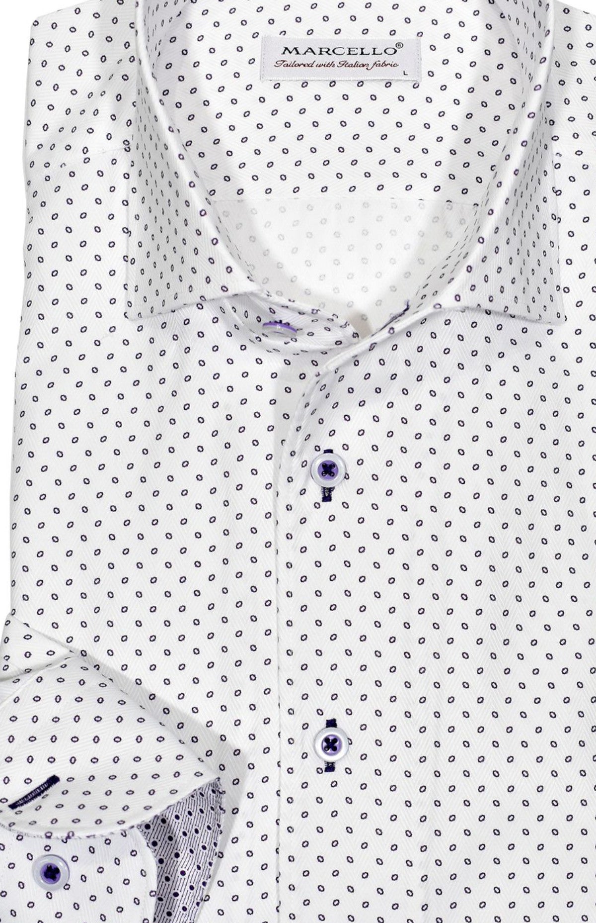 Exclusive Marcello 1 Piece Roll Collar Shirt.  The one piece roll collar stands perfectly and looks fantastic alone or under a sport coat.  The classic lilac open paisley pattern coupled with a rich tonal herringbone fabric creates a sophisticated look to set your apart from the rest.  Hand selected buttons, two button cuff placket for the best look when rolling up the cuffs and enhanced stitch detailing.  Classic shaped fit.