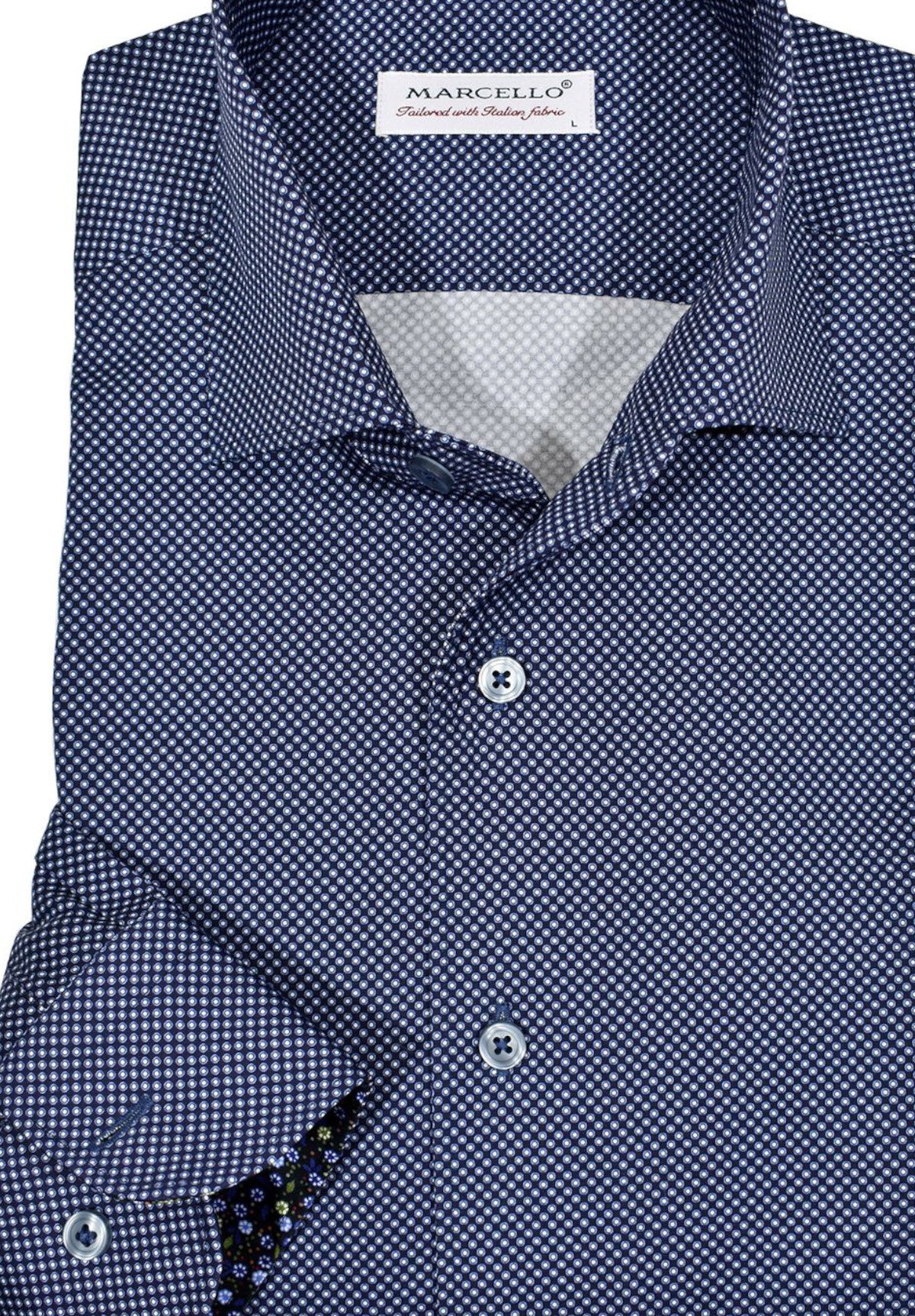 Exclusive Marcello 1 Piece Roll Collar Shirt.  **SLIM FIT**  The one piece roll collar stands perfectly and looks fantastic alone or under a sport coat.  The classic navy with sky dot pattern coupled with a rich, elegant fabric creates a sophisticated look to set your apart from the rest.  Hand selected buttons, two button cuff placket for the best look when rolling up the cuffs and enhanced stitch detailing.    Slim to modern fit best for a slim to medium build.
