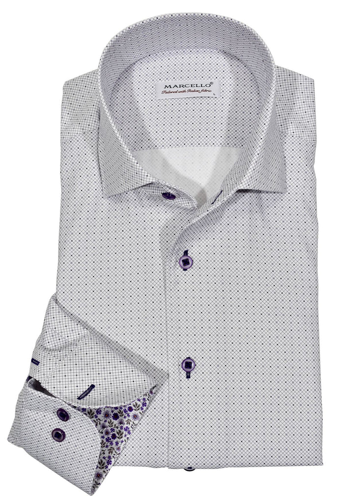 Exclusive Marcello 1 Piece Roll Collar Shirt.  The one piece roll collar stands perfectly and looks fantastic alone or under a sport coat.  The classic lilac open fine diamond pattern coupled with a rich tonal herringbone fabric creates a sophisticated look to set you apart from the rest.  Hand selected buttons, two button cuff placket for the best look when rolling up the cuffs and enhanced stitch detailing.  Classic shaped fit.