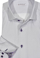 Exclusive Marcello 1 Piece Roll Collar Shirt.  The one piece roll collar stands perfectly and looks fantastic alone or under a sport coat.  The classic lilac open fine diamond pattern coupled with a rich tonal herringbone fabric creates a sophisticated look to set you apart from the rest.  Hand selected buttons, two button cuff placket for the best look when rolling up the cuffs and enhanced stitch detailing.  Classic shaped fit.
