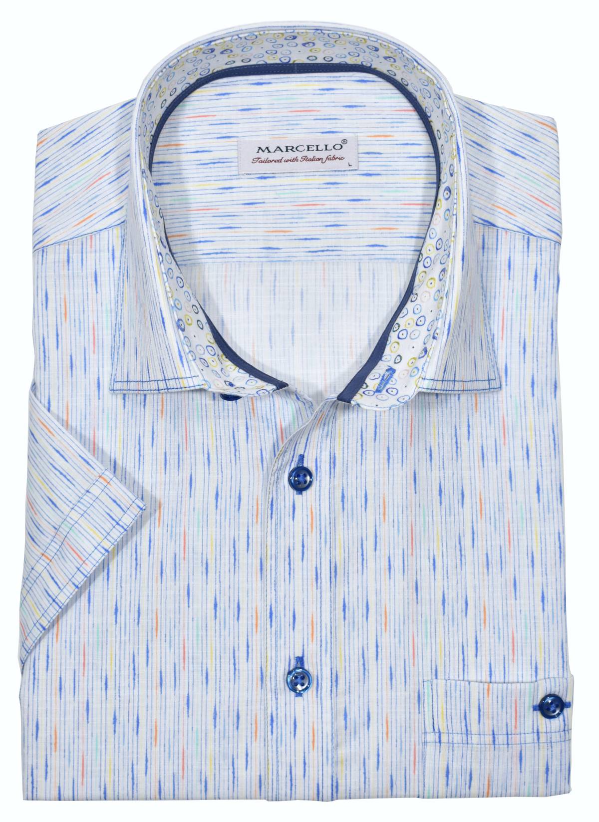 A unique brushed stripe with accentuated colors, on soft cotton fabric, welcomes the Spring/Summer season.  To enhance the look the stiching is double track and in a contrast color.  Fashion trim fabric, neck piping and a classic buttoned chest pocket add to the look.  Classic shaped fit.   Shirt by Marcello Sport.
