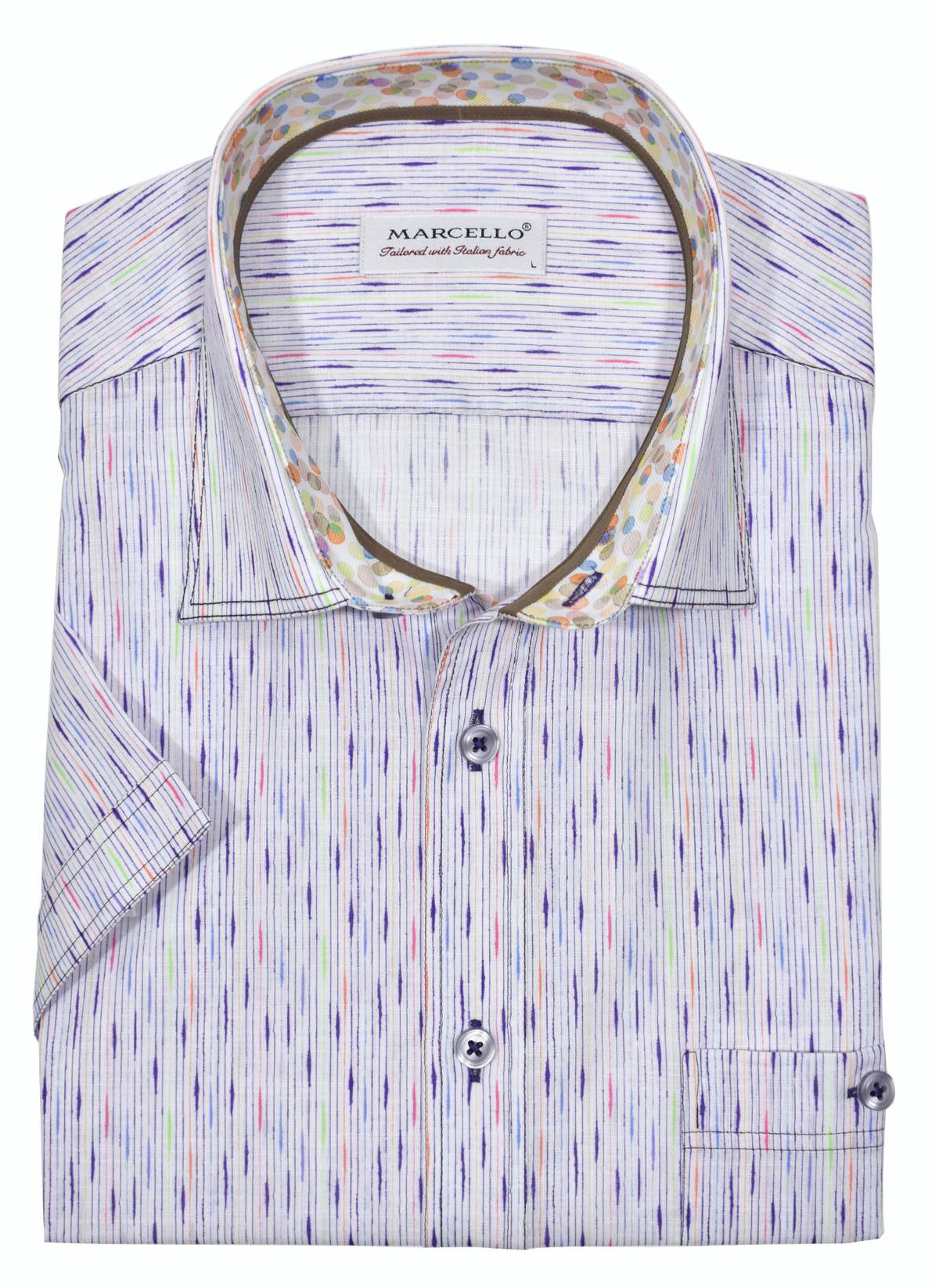 A unique brushed stripe with accentuated colors, on soft cotton fabric, welcomes the Spring/Summer season.  To enhance the look the stiching is double track and in a contrast color.  Fashion trim fabric, neck piping and a classic buttoned chest pocket add to the look.  Classic shaped fit.  By Marcello Sport