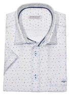 Elevate your style while frequenting the cafes or boardwalk with a soft cotton, royal oxford fabric, featuring an updated colored dot pattern.  Playful yet sophisticated to suit any image you are looking for.  Details include accent trim fabric, contrast double stitching and a buttoned chest pocket.