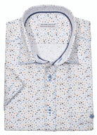 Rich colors thinly outlining a leaf type pattern on soft, royal oxford fabric to create a sophisticated short sleeve style.  The pattern exudes fashion while remaining traditional.  Details include matched trim fabric, double track contrast stitching and a buttoned chest pocket.  Classic shaped fit.