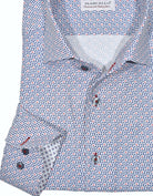 Marcello's perfect one piece roll collar is a must have. The shape and way the collar stands is like no other and will become your favorite go to model.  Textured white cotton fabric with an ultra soft hand feeling is adorned with a small floral pattern of navy and red.  Accent red stitching and a classic shaped fit. By Marcello