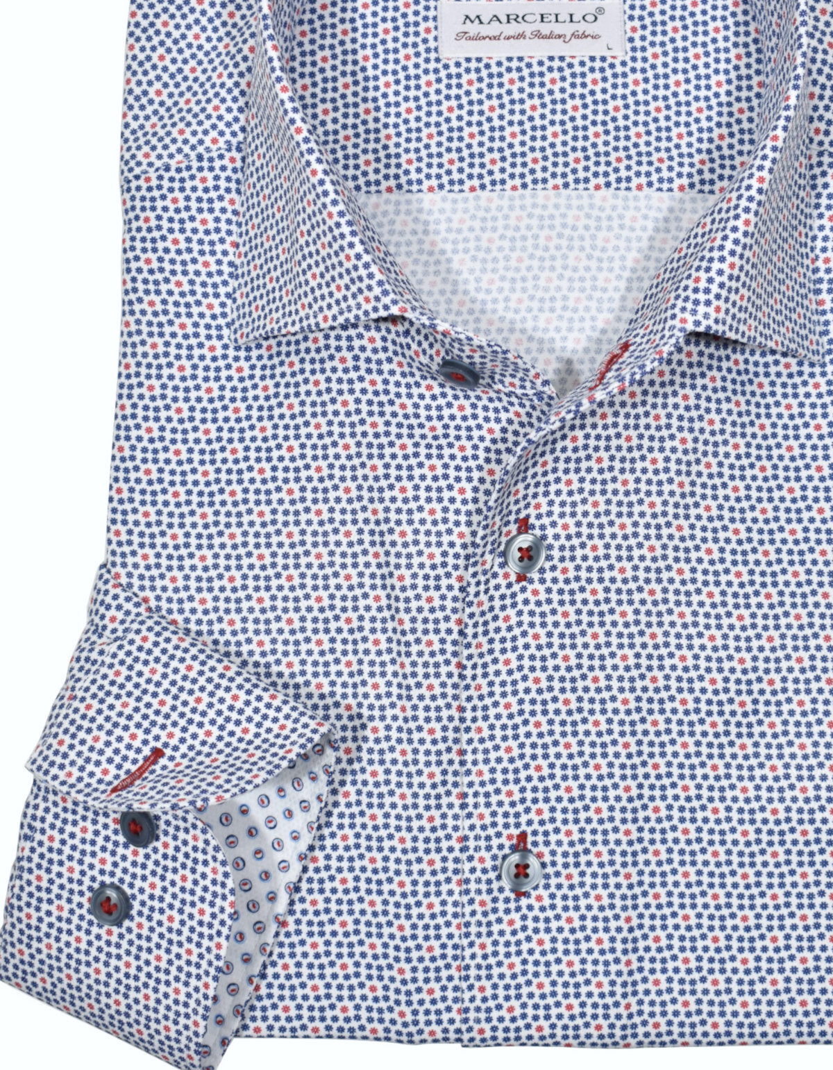Marcello's perfect one piece roll collar is a must have. The shape and way the collar stands is like no other and will become your favorite go to model.  Textured white cotton fabric with an ultra soft hand feeling is adorned with a small floral pattern of navy and red.  Accent red stitching for a trendy look.  SLIM Fit