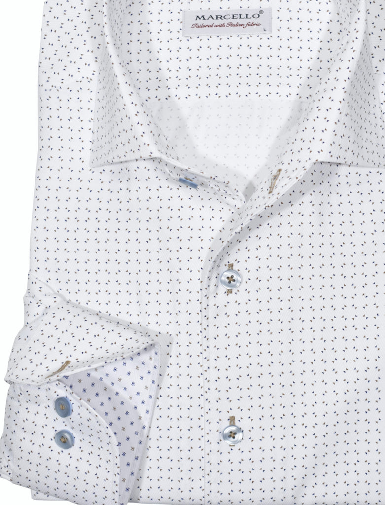 The ultimate, Marcello one piece roll collar, where the collar stands perfectly.  The cotton microfiber fabric sports a rich herringbone pattern that feels great to the touch and the subtle pattern in tan and navy is welcome with any pant color or sport coat.  One of our seasonal favorites due to its debonair image.  Details include custom selected buttons, fashion cuff trim fabric and fine stitching.   Classic shaped fit. 